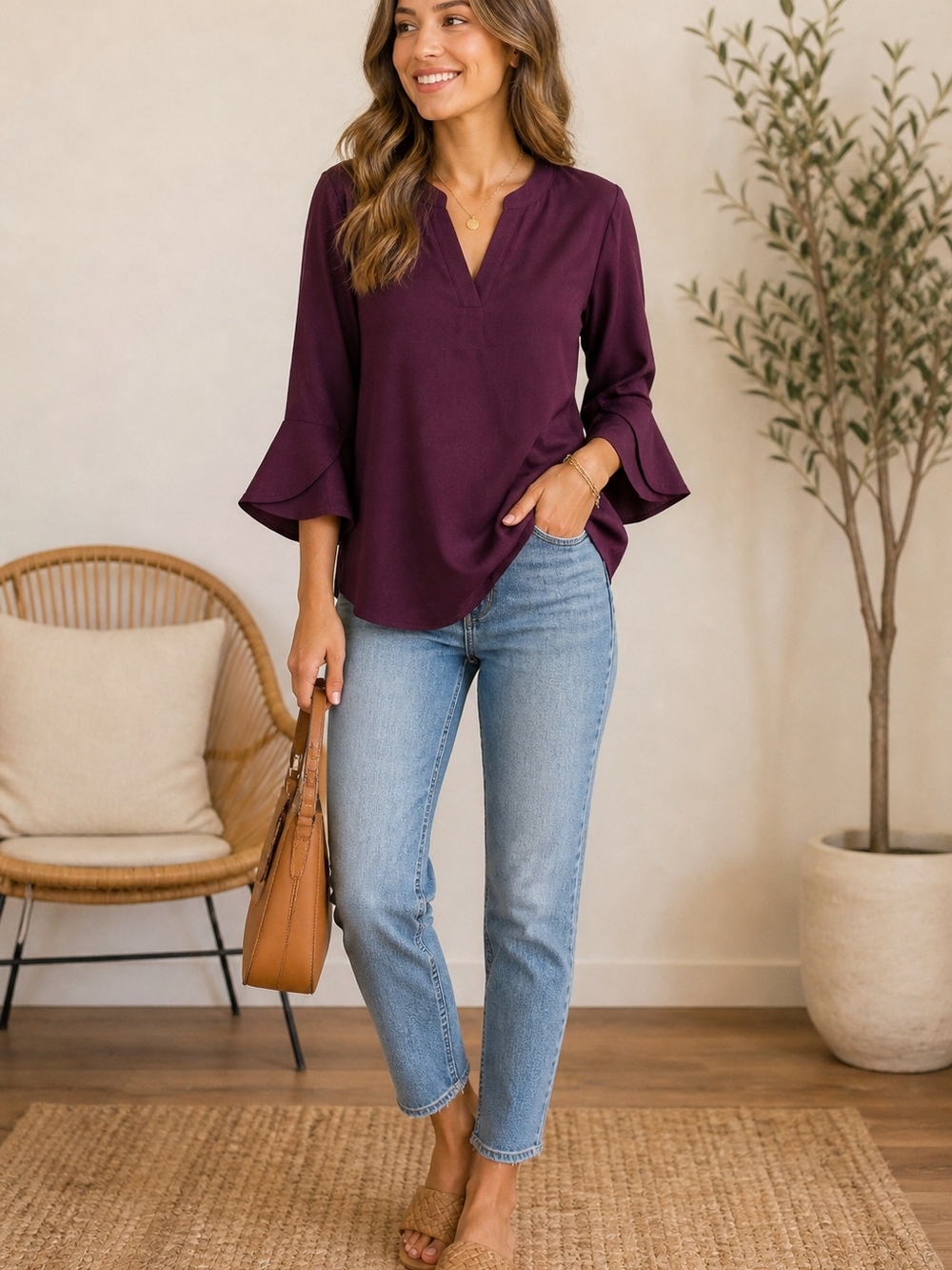 V-Neck Bell-Sleeve Blouse in Plum